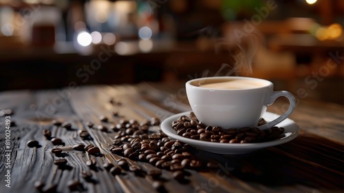 Cappuccino with coffee beans on a wooden table photo