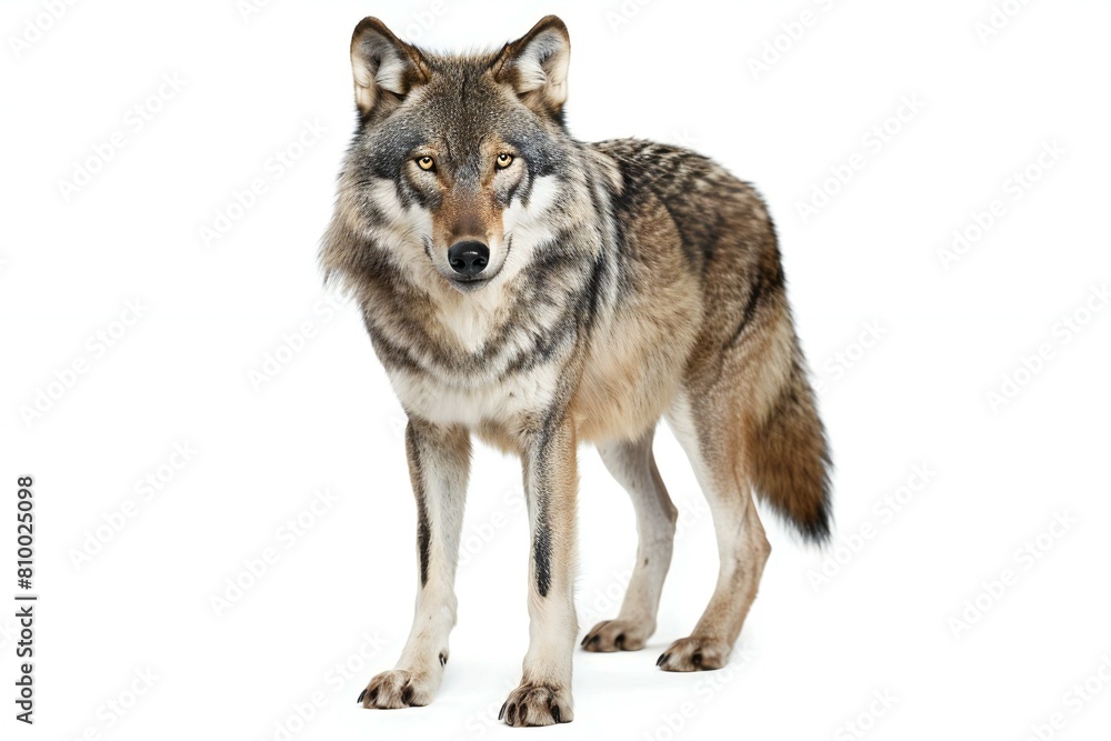 Gray Wolf, Canis lupus, in front of a white background