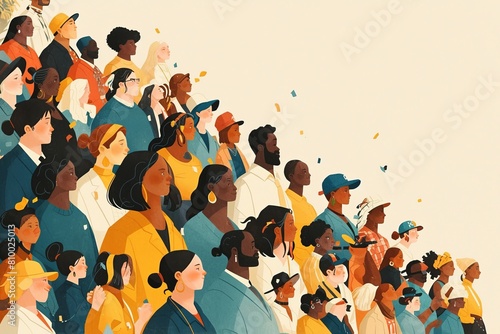 A crowd of people in a flat illustration style with warm colors