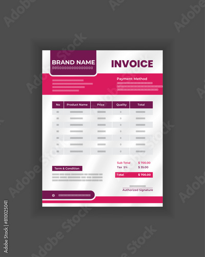 Vector Minimal Corporate Business Invoice Design Template and Bill Memo. Creative Business Invoice and Business stationery Design Payment Agreement Design. 