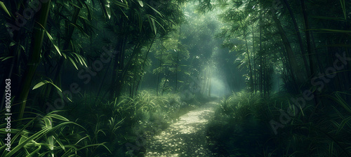 A narrow path winds through a towering bamboo forest  the leaves whispering in a gentle breeze  captured in ultra HD clarity