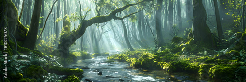 A narrow stream winding through a dense, misty forest, with rays of sunlight piercing through the canopy above photo