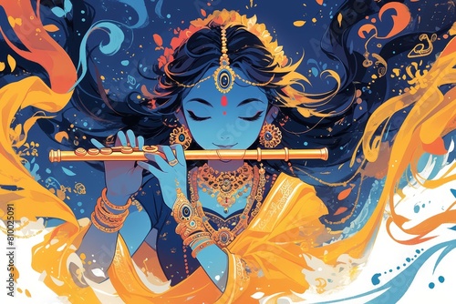 A cute adorable illustration of lord krishna playing flute, blue skin tone with orange and golden photo