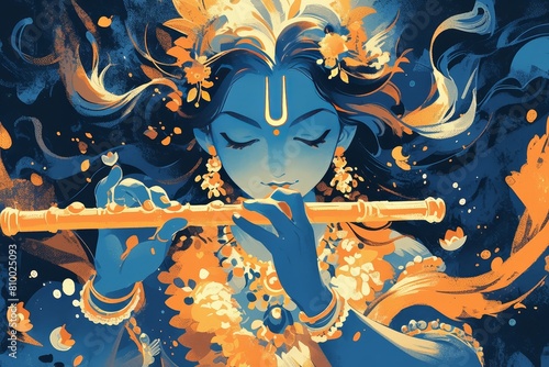 A cute adorable illustration of lord krishna playing flute, blue skin tone with orange and golden , swirling background, dark skyblue color theme, plain navy backdrop  photo
