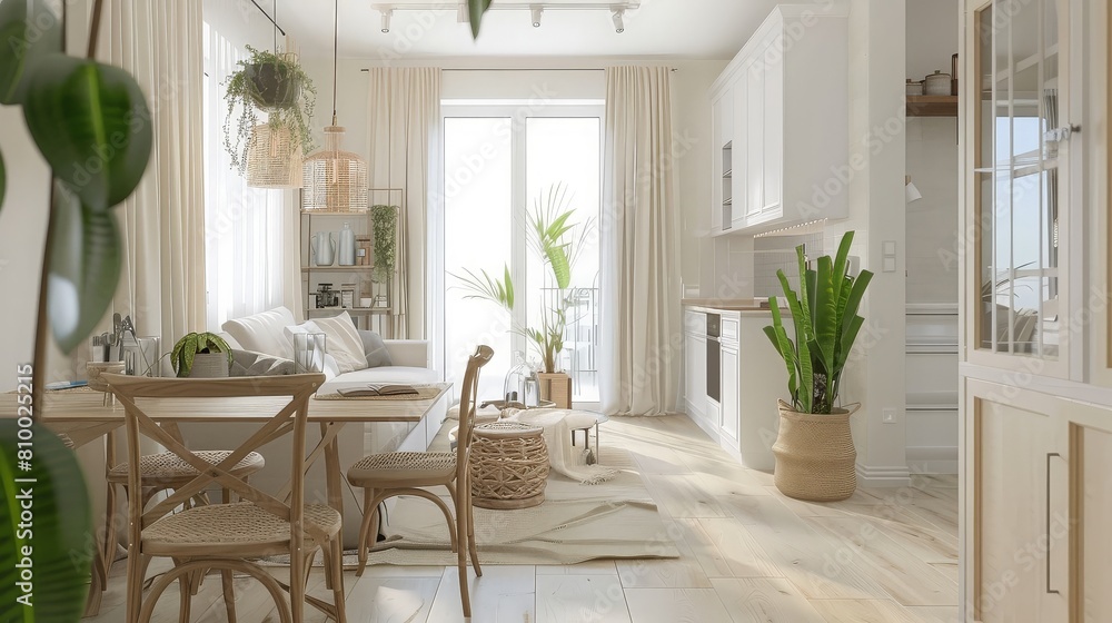 Interior design of a spacious bright studio apartment in Scandinavian style. generative ai