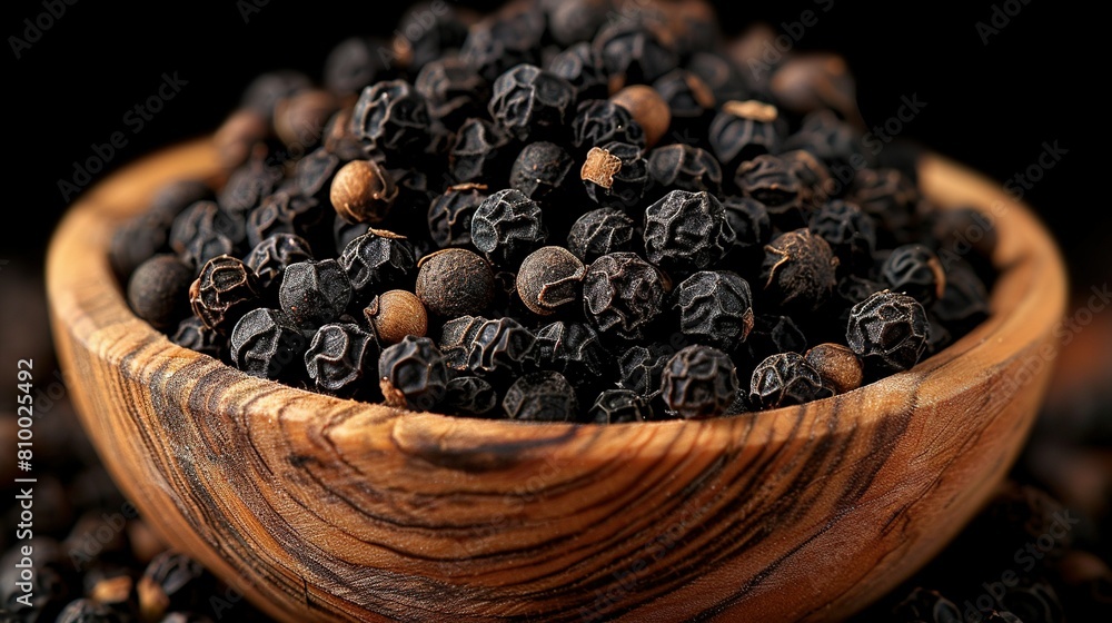 A wooden bowl filled with black pepper sits atop a mound of black pepper, which rests on another mound of black pepper, and so on A wooden bowl filled with black pepper sits atop a mound of black pepper, which rests on another mound of black pepper, and so on