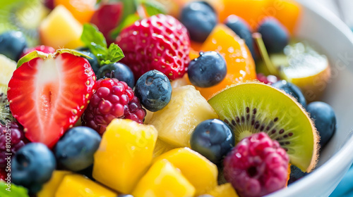 A bowl of fruit salad with strawberries, blueberries, kiwi, and pineapple