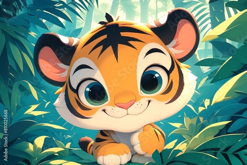 A cute cartoon baby tiger standing in a forest with bright colors animation  with cute and lively expressions against a cartoon background