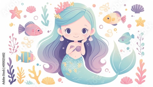 A cute cartoon mermaid with pastel pink and purple hair swimming in the ocean surrounded by colorful fish, seashells, corals, and starfish.