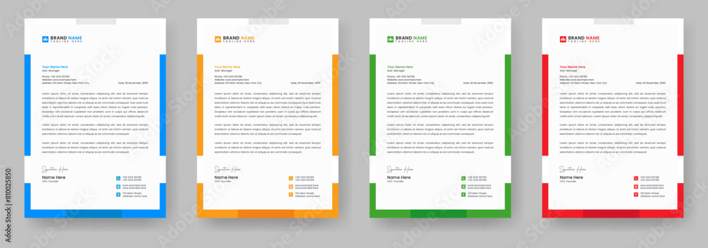Creative modern letterhead design template with yellow, blue, green and red colors. Abstract letterhead design template layout. corporate letterhead bundle