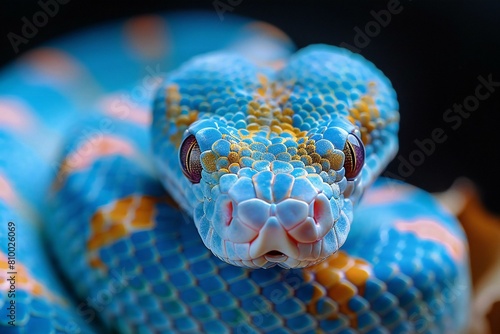 Close up of the head of a Blue Corn Snake (Reticulated Python)