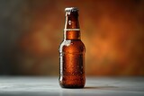 Beer bottle on a wooden table on a dark background,  Close-up