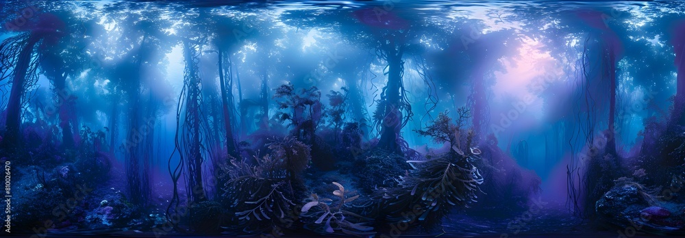 A panoramic view of a kelp forest at dusk, capturing the moment the underwater world transitions into twilight with a gradient of blue and purple hues