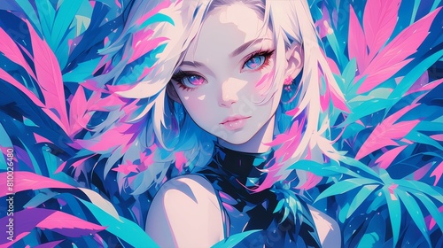 A cute girl with white hair and pink eyes, in the background there is an anime style illustration of neon tropical plants.