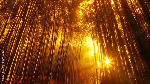 A panoramic view of a bamboo forest during the golden hour, with the sun casting golden tones on the tall stalks photo