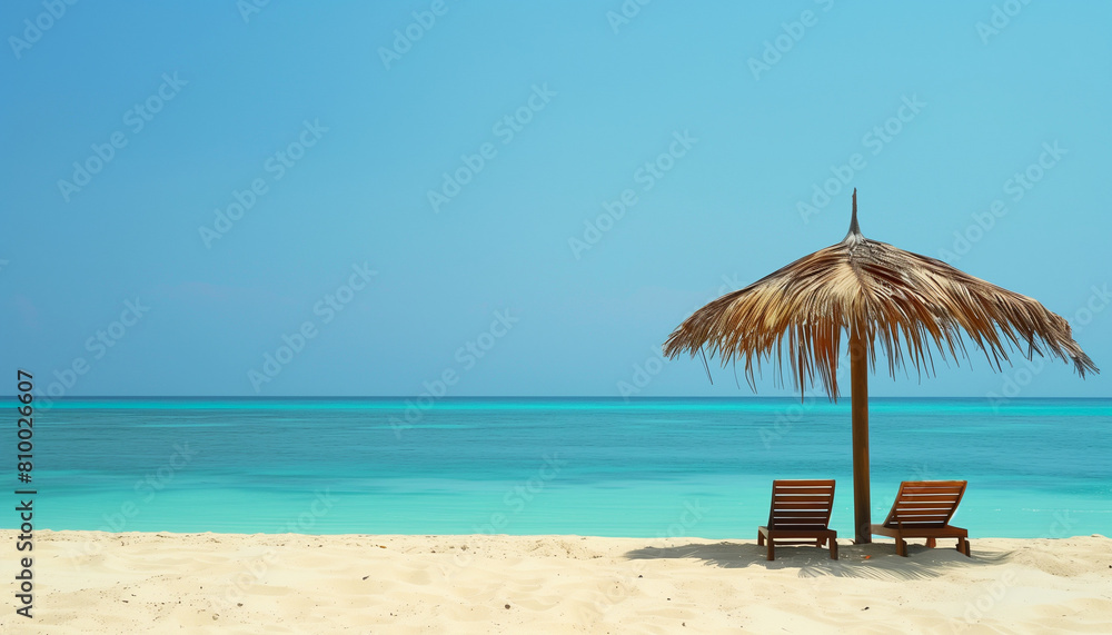 Two empty seats under a palm leaf umbrella set on a sandy beach contrast with the beautiful blue sea in the background, encouraging you to stop and immerse yourself in the pleasure of the moment.