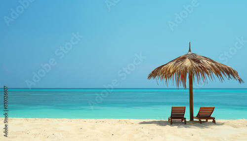 Two empty seats under a palm leaf umbrella set on a sandy beach contrast with the beautiful blue sea in the background  encouraging you to stop and immerse yourself in the pleasure of the moment.