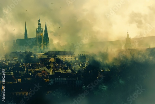 Una ciudad misteriosa en medio de la niebla verde