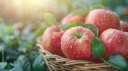  Basket holding red apples atop lush forest with dewy leaves