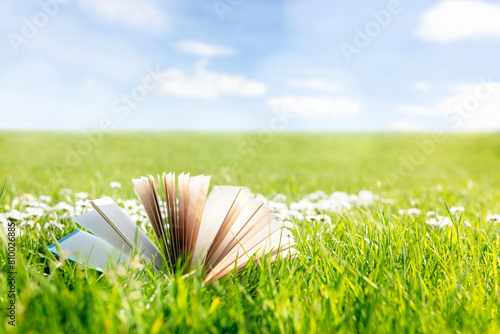 Open book on green grass in a field with daisys background © Brian Jackson