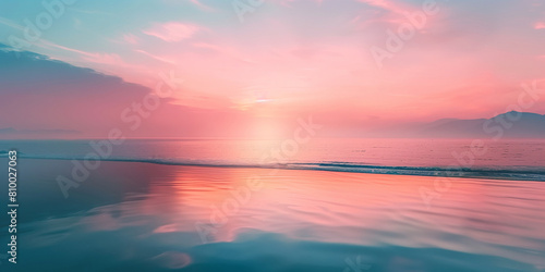 Minimalist surreal landscape concept background poster. Boho style horizontal banner. Sunset or dawn, sunrise, sea. Digital illustration, photo style. AI artwork. © Oxana