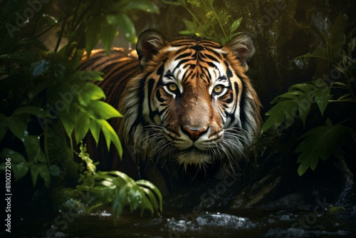 Tiger animal forest jungle. Grass national. Generate Ai