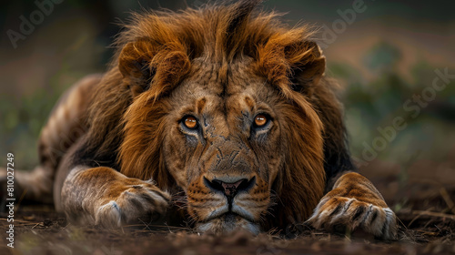 A lion is laying on the ground with its head down