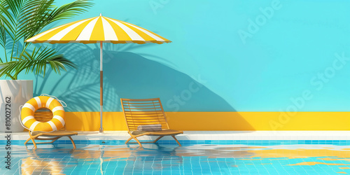 A vibrant yellow and white umbrella provides shade next to a sparkling swimming pool on a sunny day