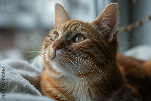 Beautiful ginger cat lying on the windowsill and looking at the camera