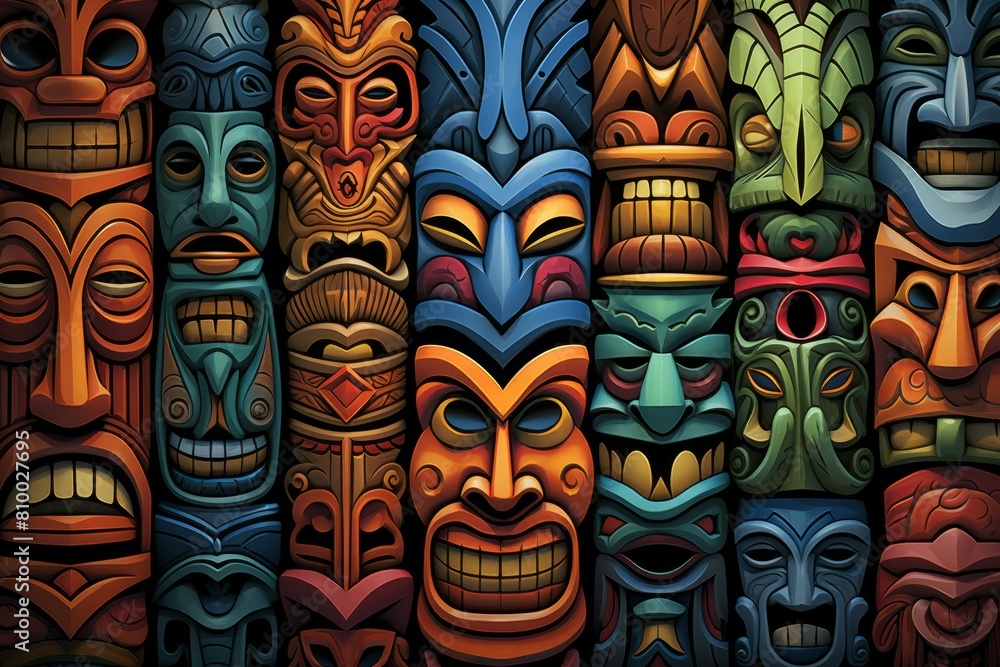 Tiki mask tribal pattern banner. Retro travel texture art vacation. Generate Ai Tiki mask tribal pattern banner. Retro travel texture art vacation. Generate Ai