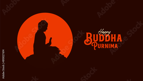Happy Buddha Purnima calligraphy, Lettering with Buddha meditating silhouette vector illustration for social media banner design