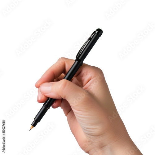 Hand holding a black fountain pen isolated on transparent background