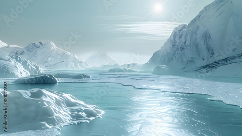 A panoramic view of a frozen glacial lake breaking into large ice floes, under a pale winter sun