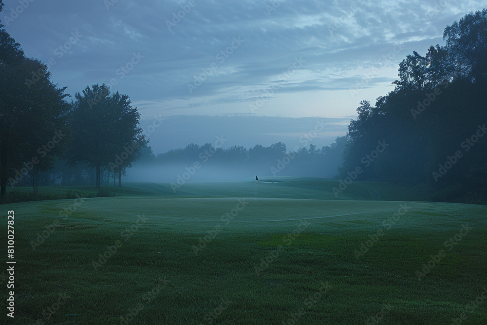 Fototapeta premium The peacefulness of a golf course at twilight, each hole a story of challenges faced and overcome