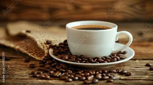 A cup of coffee on a saucer with coffee beans spilled around it. The cup is white and the saucer is brown. The coffee beans are dark brown and roasted. The background is a dark wood table.