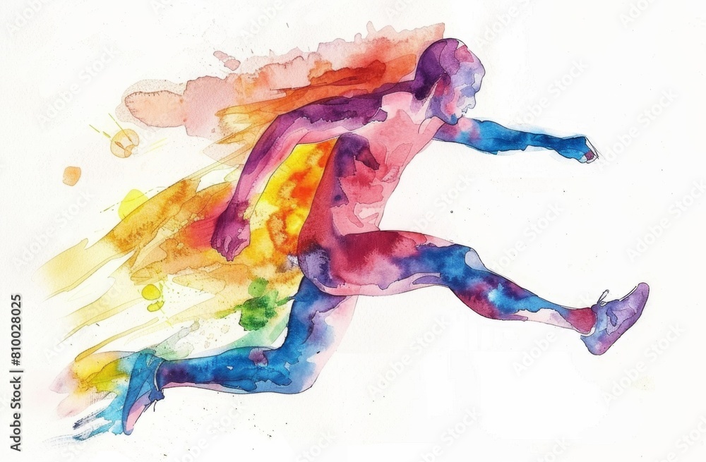 Fototapeta premium watercolor colorful running athlete, simple line art in the style of vibrant colors, on white background Generative AI