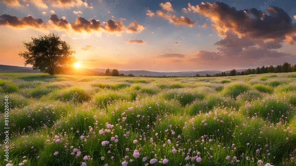 Fototapeta premium sunset-over-vast-blossoming-meadow-landscape