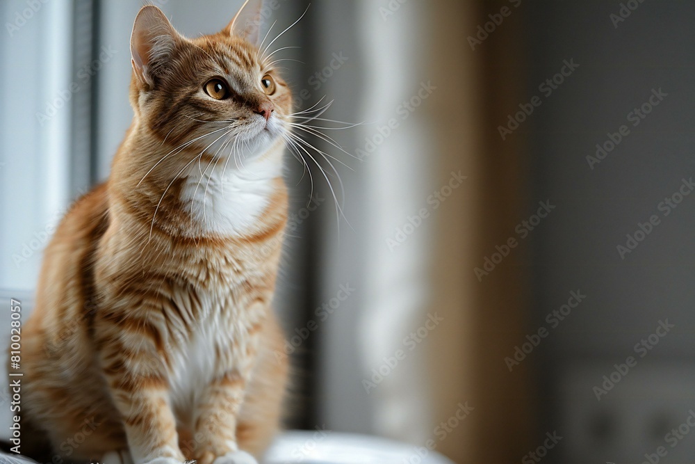Cute ginger cat sitting on the windowsill and looking at the camera