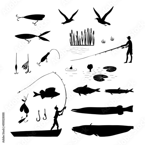 Fishermen, fish and fishing lures on the lake. Vector black silhouette drawing images.