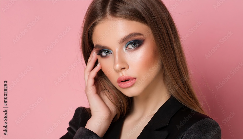 young woman with makeup in fashion clothes on pink background young woman with makeup in fashion clothes on pink background