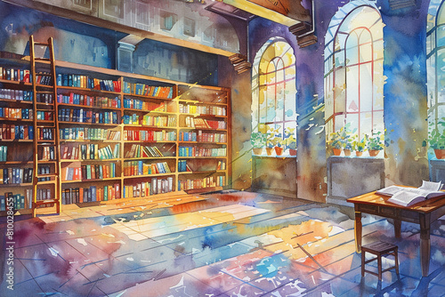 The quiet beauty of a library in watercolor a haven of books