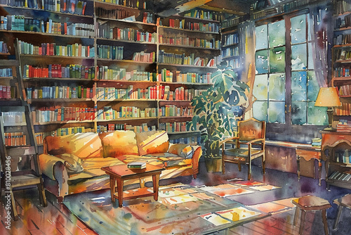 The quiet beauty of a library in watercolor a haven of books