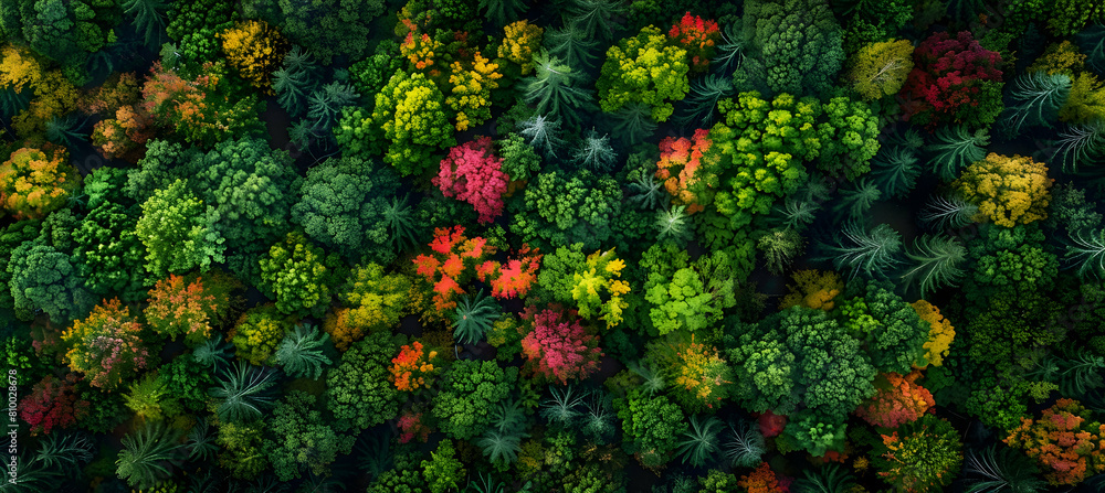 A panoramic view of a deciduous forest transitioning from summer to autumn, with the first yellow and red leaves beginning to dot the predominantly green canopy A panoramic view of a deciduous forest transitioning from summer to autumn, with the first yellow and red leaves beginning to dot the predominantly green canopy
