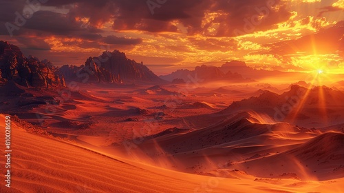 Dramatic desert scene at dusk with sharp ridges and dunes under a fiery sky illuminating the sands in golden hues