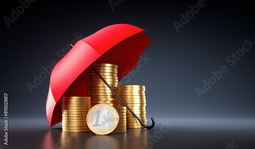 Stack of coins under a red umbrella with dark background - copy space - 3D illustration