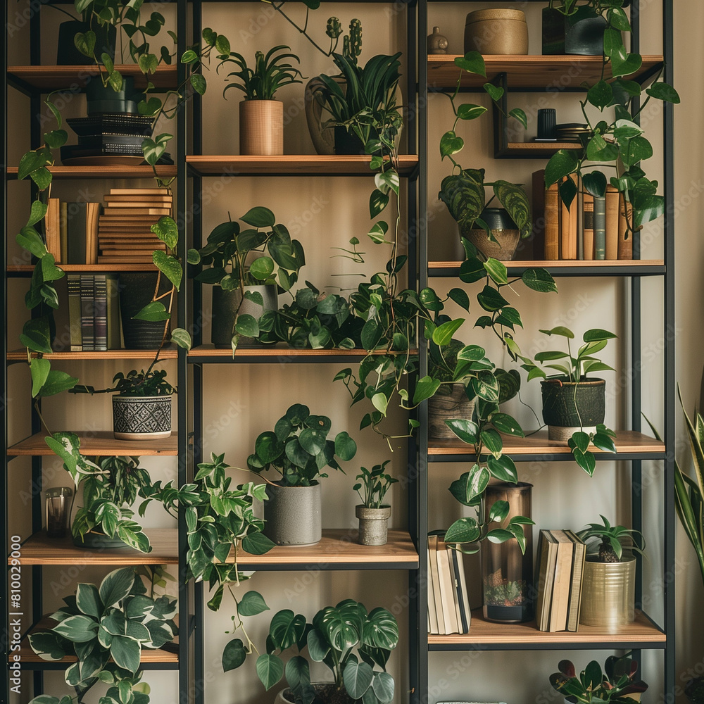 A close up of contemporary boho rustic bookshelf with plants, that serves as a modern decorative partition-element. A close up of contemporary boho rustic bookshelf with plants, that serves as a modern decorative partition-element.