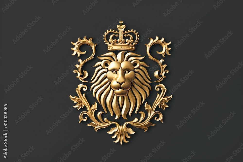 Majestic gold lion with a crown on a dark backdrop. Perfect for luxury and regal concepts