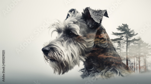 Double Exposure, white background of a Schnauzer in front of a forest illustration ~ Created using Generative AI