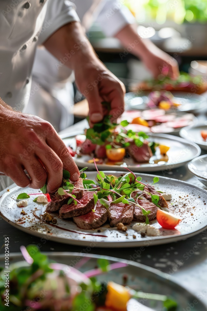 The chef makes a presentation of the dish to be served. Selective focus.