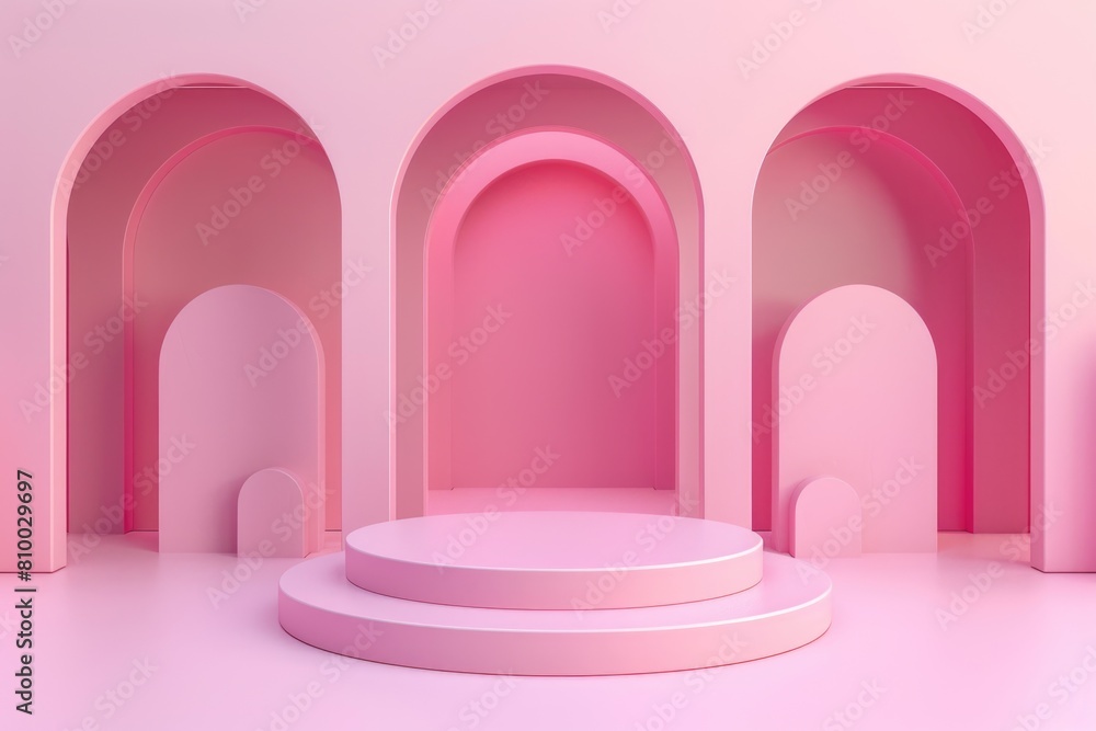 A bright pink room with elegant arches and a raised podium. Perfect for fashion or interior design projects A bright pink room with elegant arches and a raised podium. Perfect for fashion or interior design projects